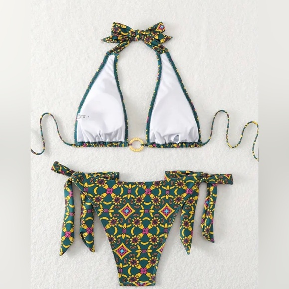Vibrant Multi-Colour “Boho-Lux” Bikini Halter Top High-cut Bottom with Ties NEW - Picture 2 of 8